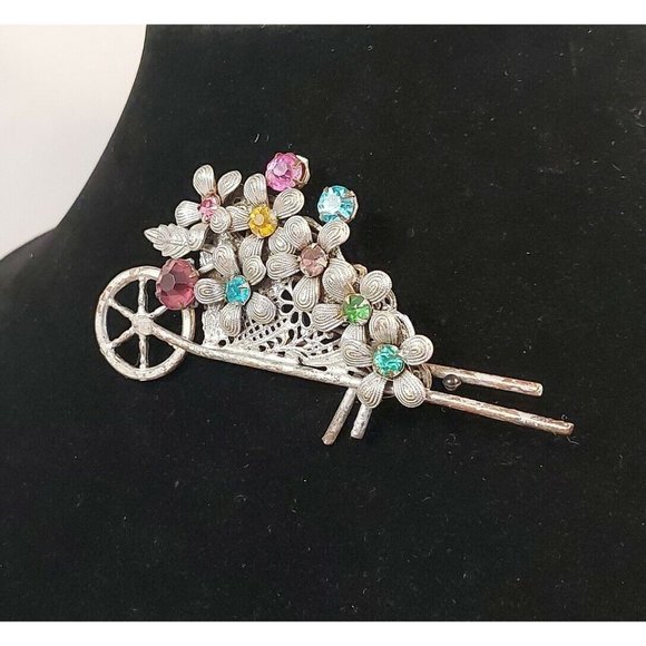 Vintage Garden Wheelbarrow w/Flowers Rhinestones Pin Brooch Costume 3.5" - Picture 3 of 10